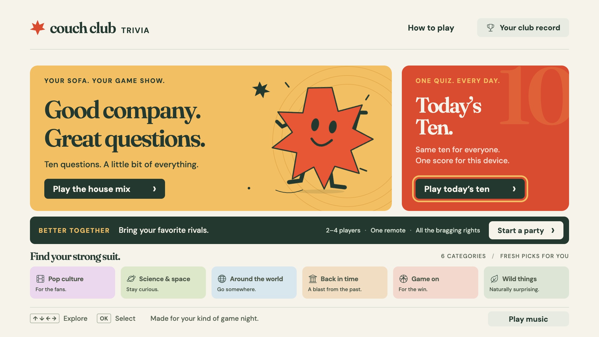 Couch Club Trivia home screen featuring Today’s Ten, House Mix, party play, and six categories